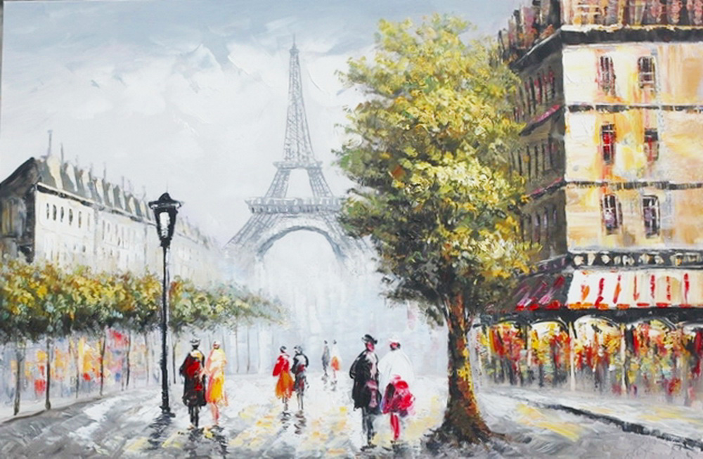 HA122 Wall décor art oil on canvas street scene Paris red yellow tones